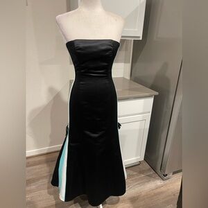 Jessica McClintock Gunne Sax strapless satin side stripes bow detail tea dress